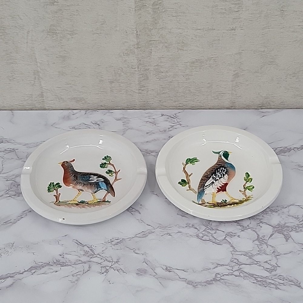 Italian Ashtrays/ Paintbrush Holders with Raised Pheasant Quail Vintage